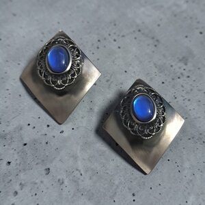 Silver-Tone Filigree Earrings with Blue Cabochon